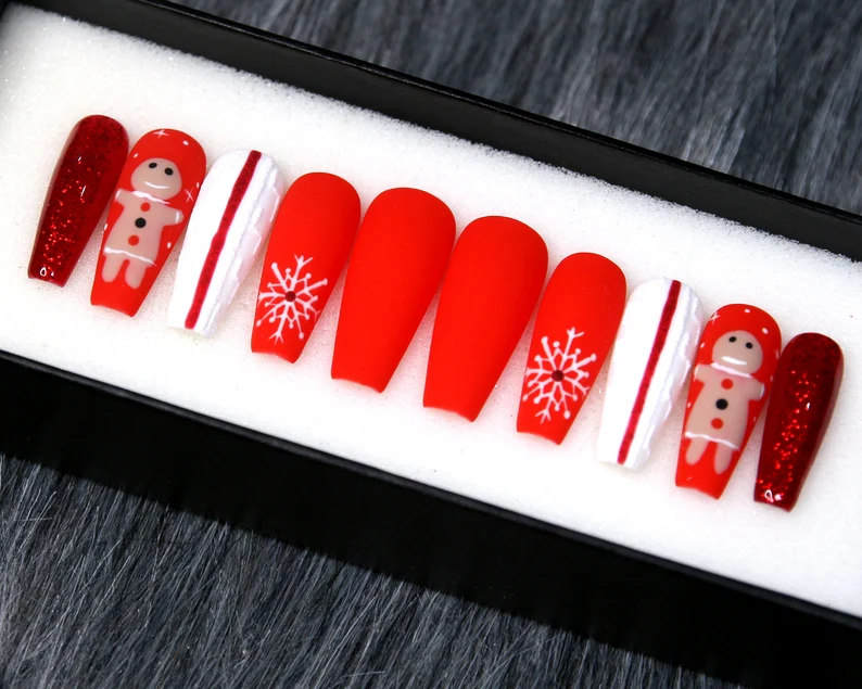 Christmas Long Red and White Coffin Ginger Bread Press On Nails