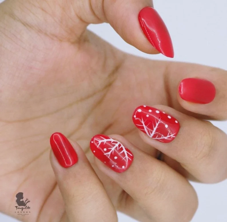 Christmas Red With White Snowflake Accent Nails Press On Nails