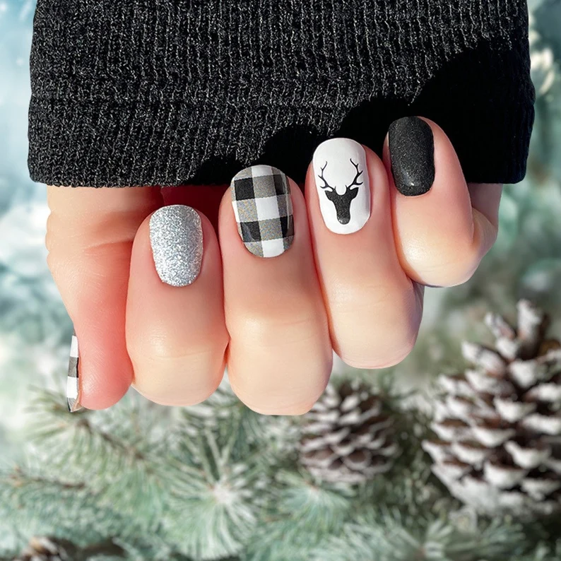 black white and silver short checkered reindeer nails design ideas