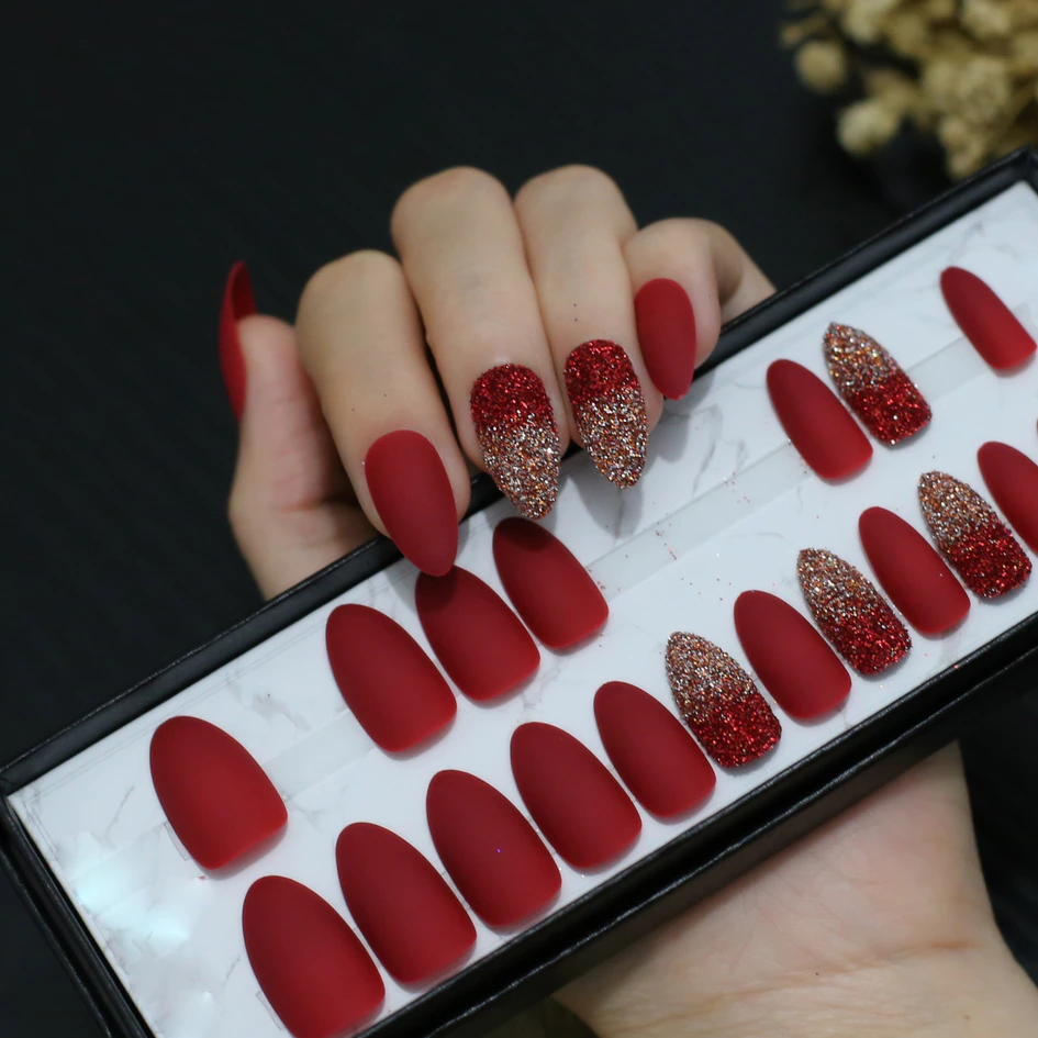 Glitter Stiletto red Top Burgundy Nails Design