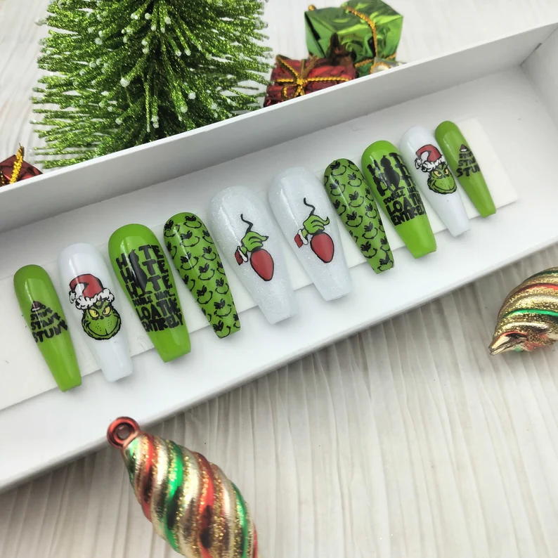 Grinch Christmas Press On Green Nails