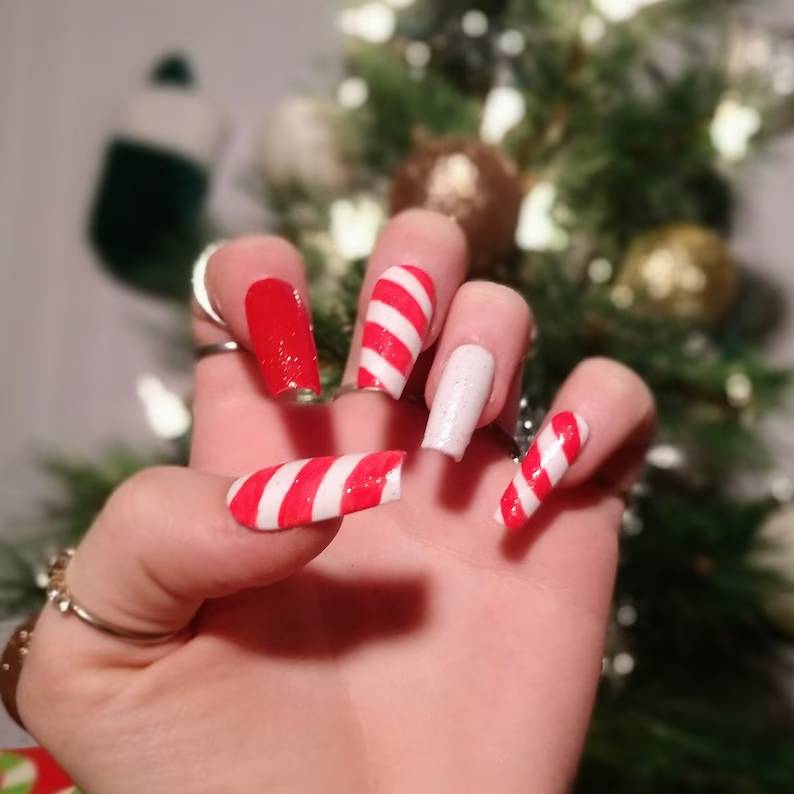 Long Christmas Candy Cane Red and White Nails 