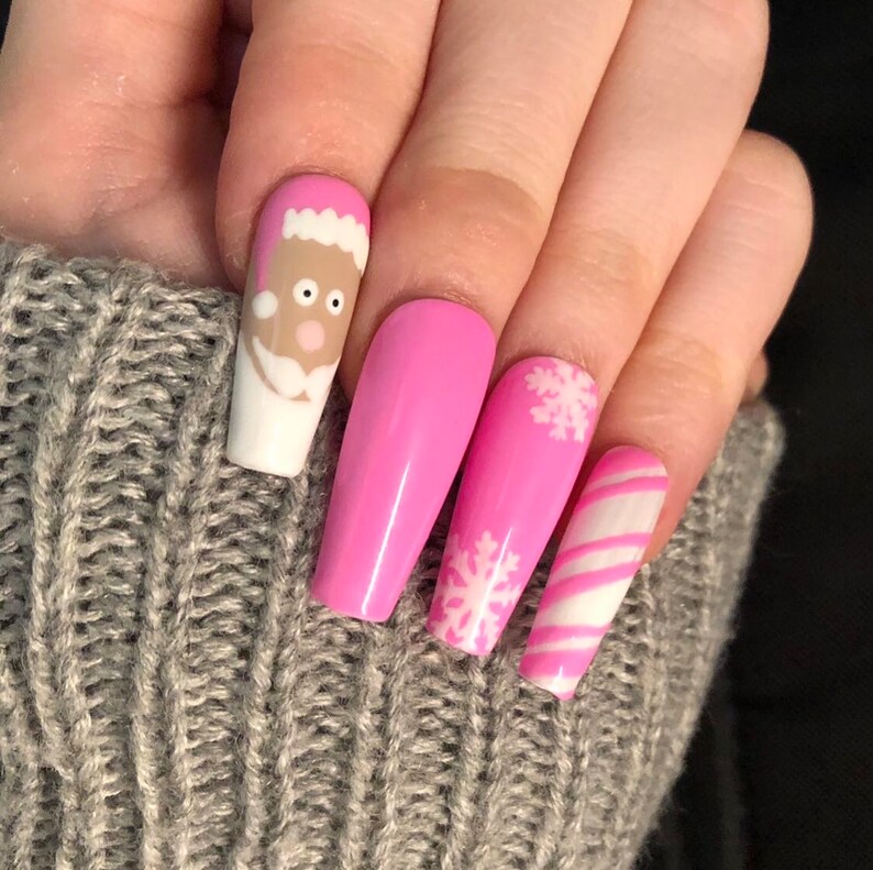 Pink Christmas Press On Long Nails