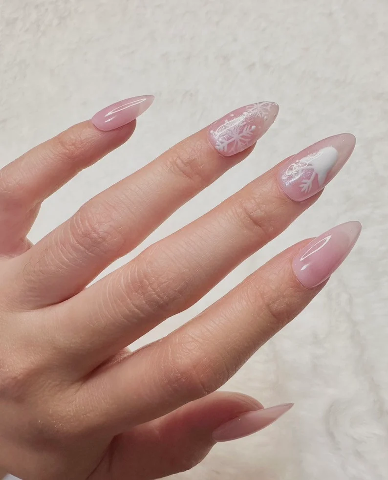 Pink Christmas Snowflakes Reindeer Nails