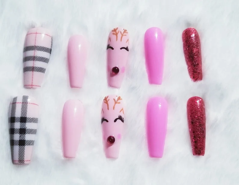 Plaid Reindeer Pink Christmas Press On Nails