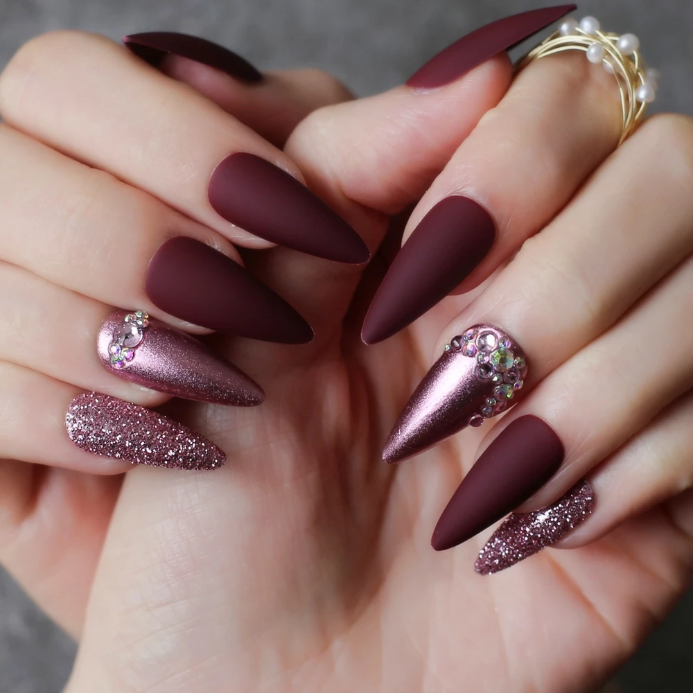 Purple glitter DIY Salon press on nails Burgundy Stiletto long Salon Fake nails Rose metal crystal.jpg Q90.jpg