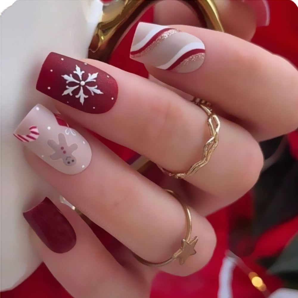 Red Christmas Snowflake Snowman Coffin Short Press On Nails