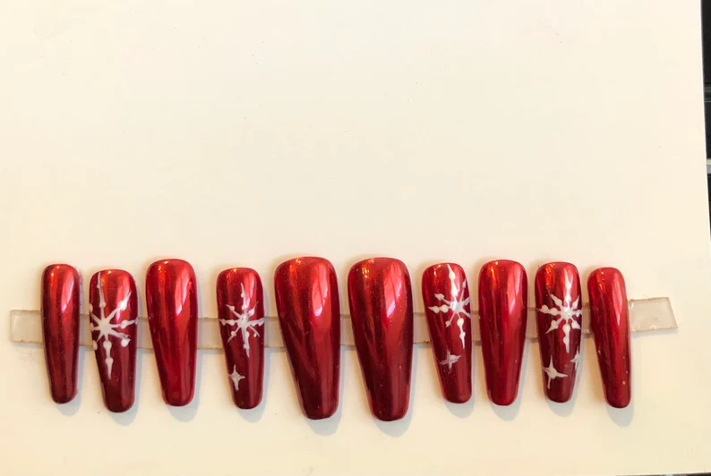 Red Long Snowflake Christmas Press On Nails