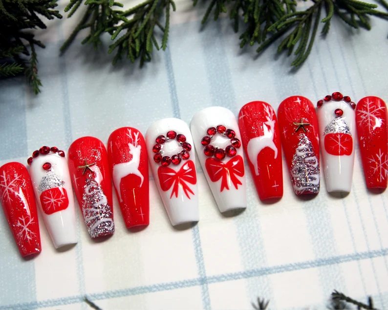 Red and white Christmas Reindeer Press On Nails