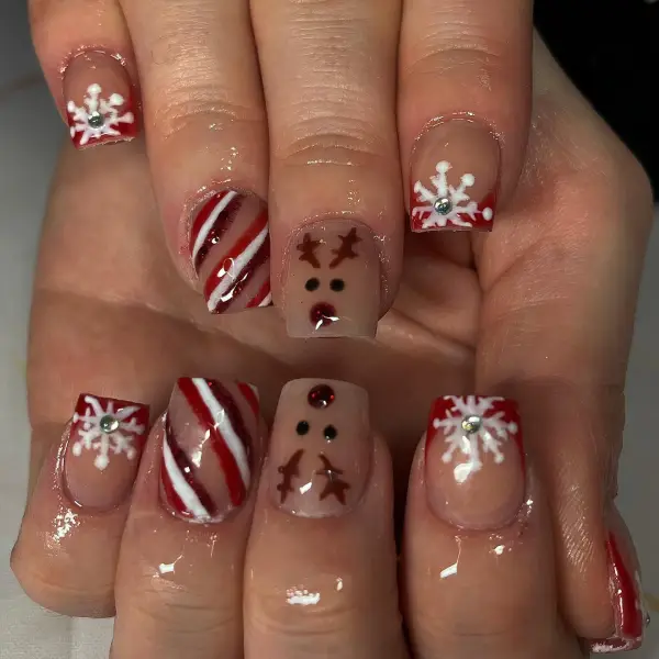 Short Candy strip nails design with snowflakes design and reindeer design idea