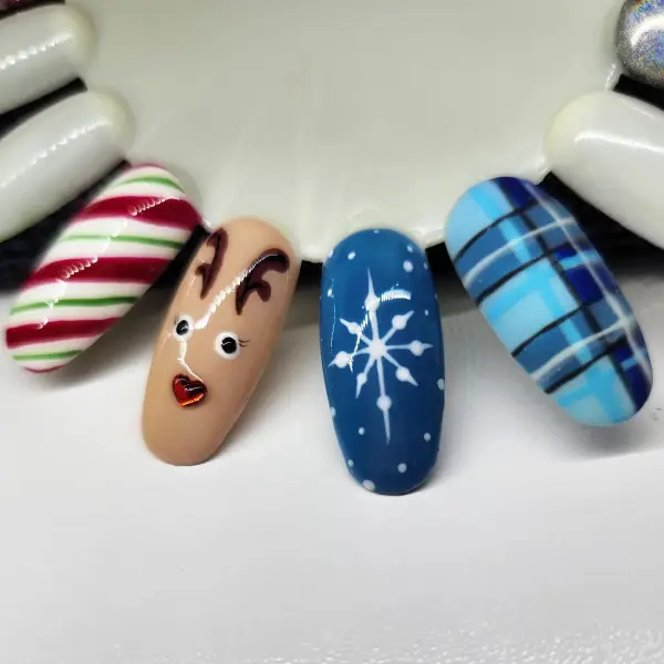 colorful Christmas Reindeer nails design