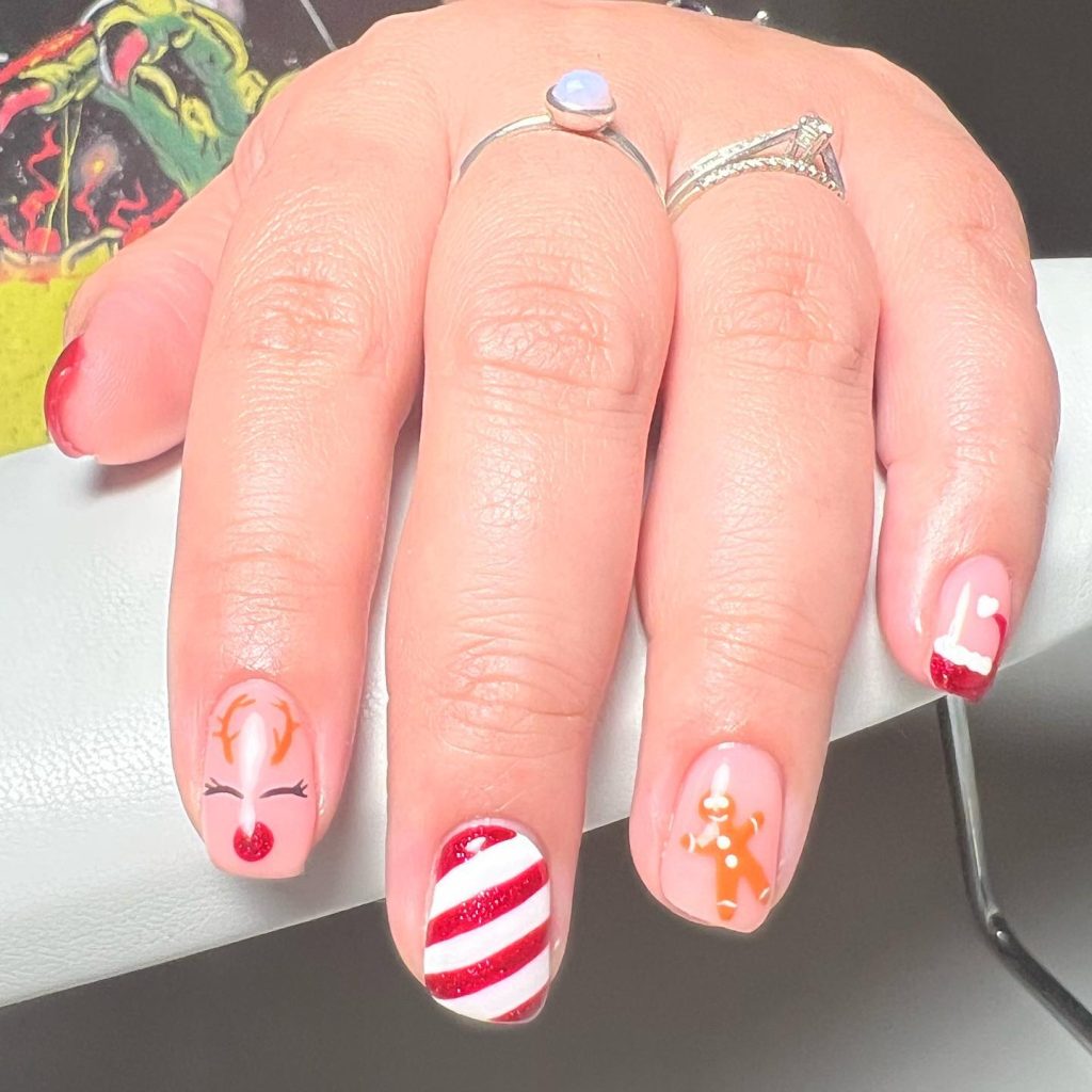 Short Cute candy cane reindeer red nose Santa hot Christmas nails ideas