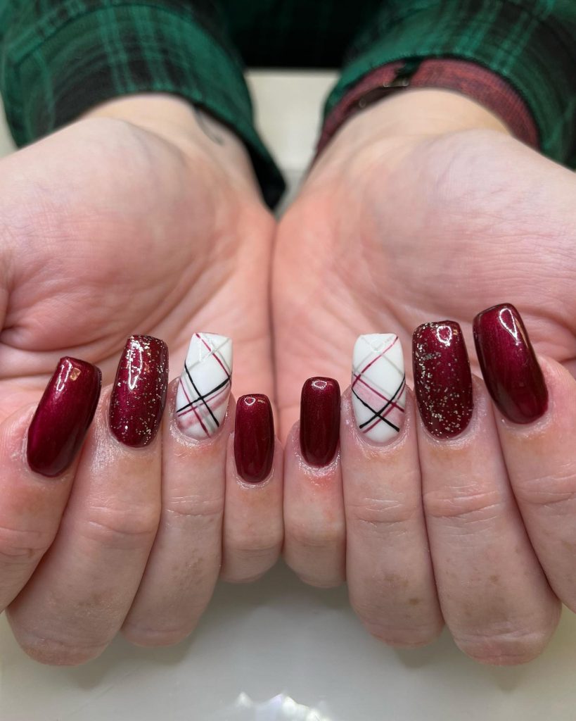 Burgundy Nails With Designs Glitter and Strips