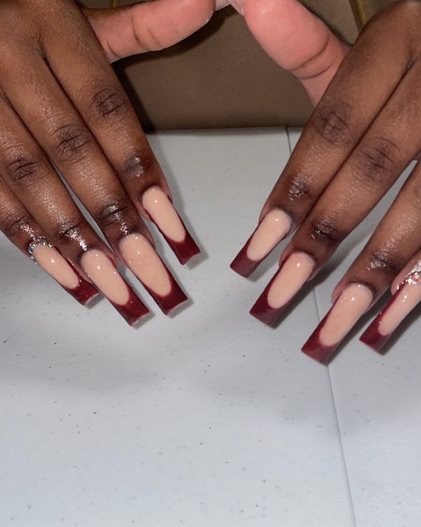 Burgundy Long French Tips Nails