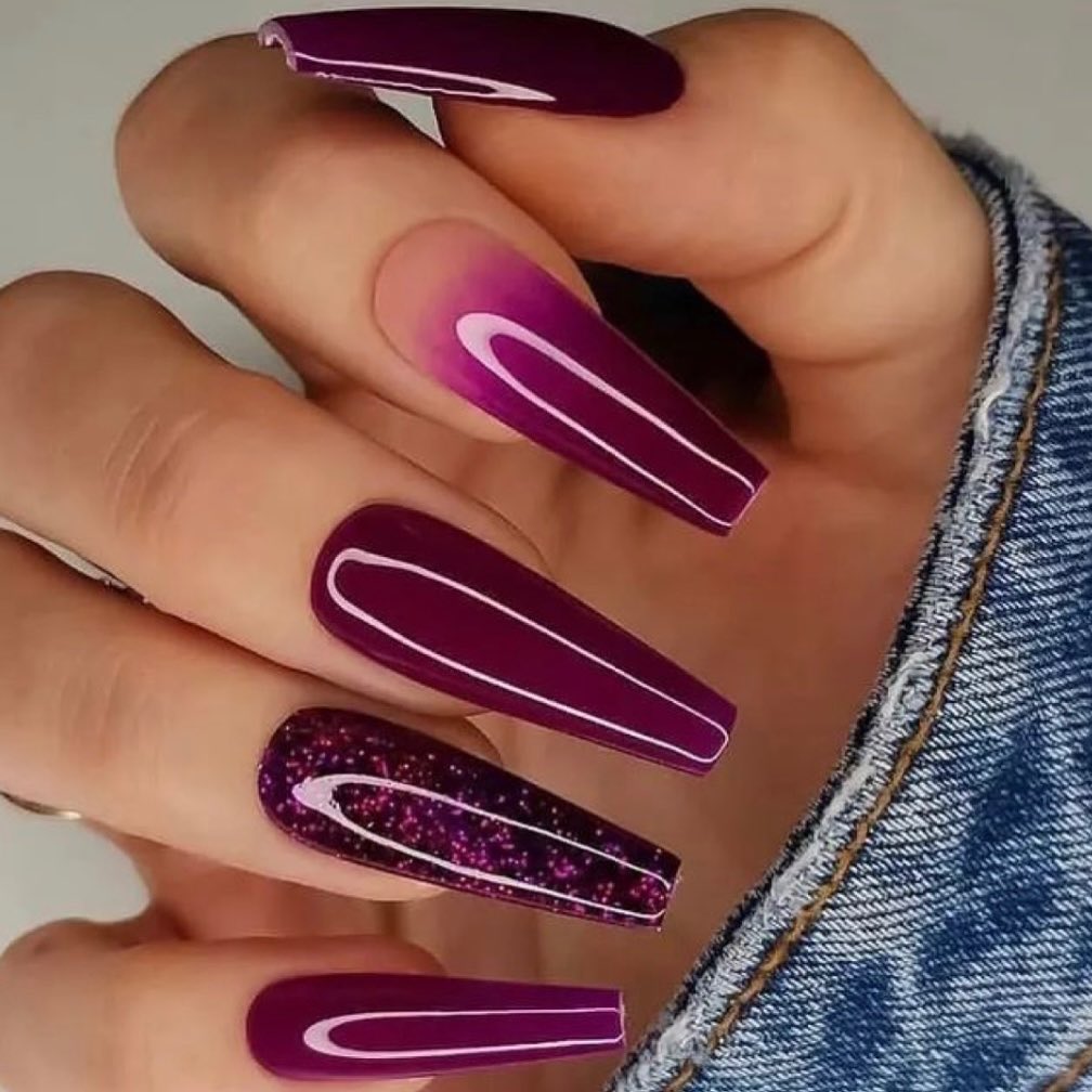 Long Glossy Designed Burgundy Nails