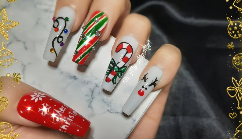 White Long Reindeer Nails