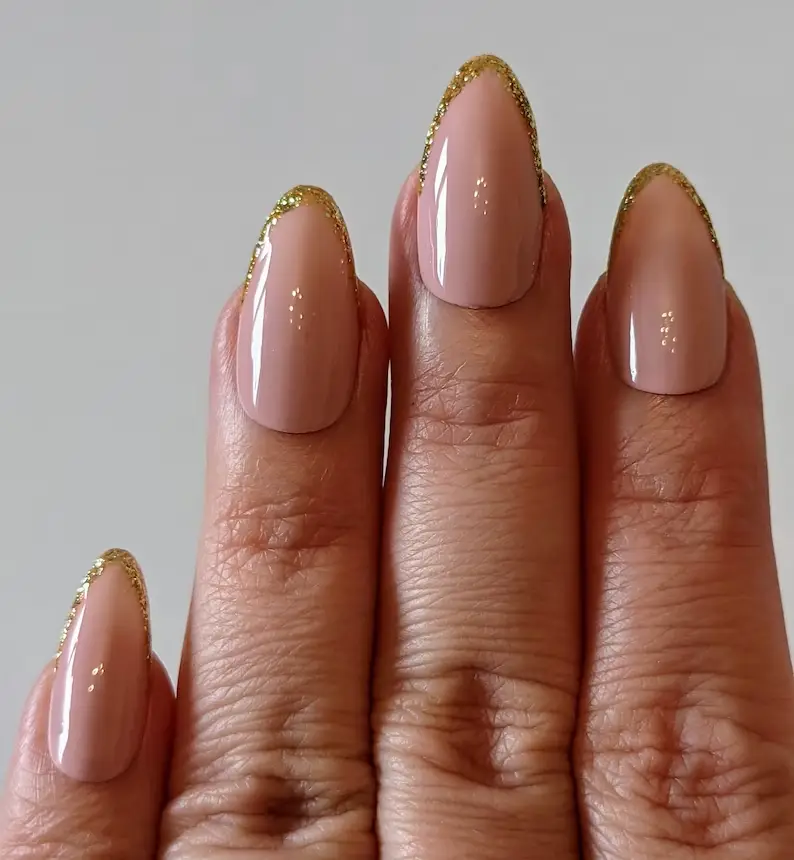 Gold french Oval Shaped Valentines Nails