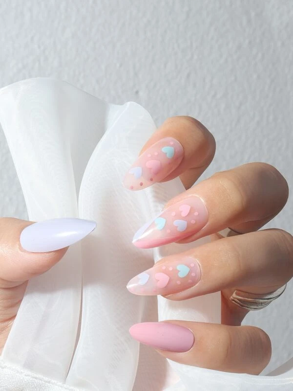 Cute Clear pink and blue spotted heart design nails