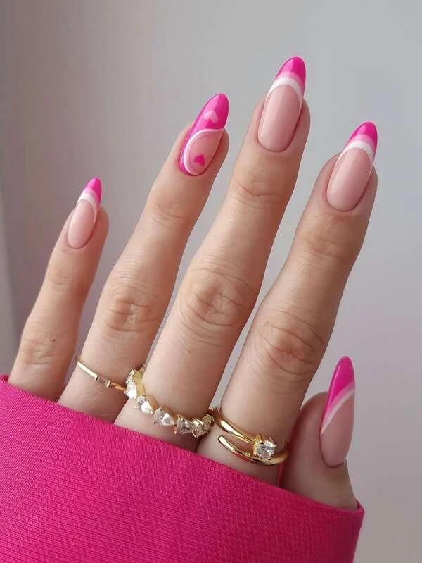 Pink and White Valentines nails with heart shape design idea