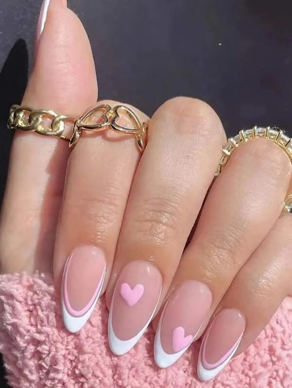 Pink heart oval shape french tip short white nails 