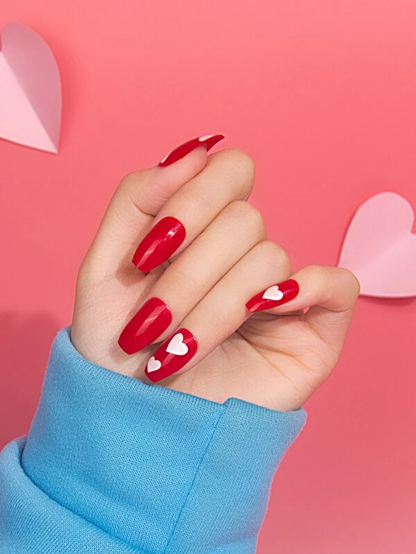 Red nails with white Heart short coffin shape nails