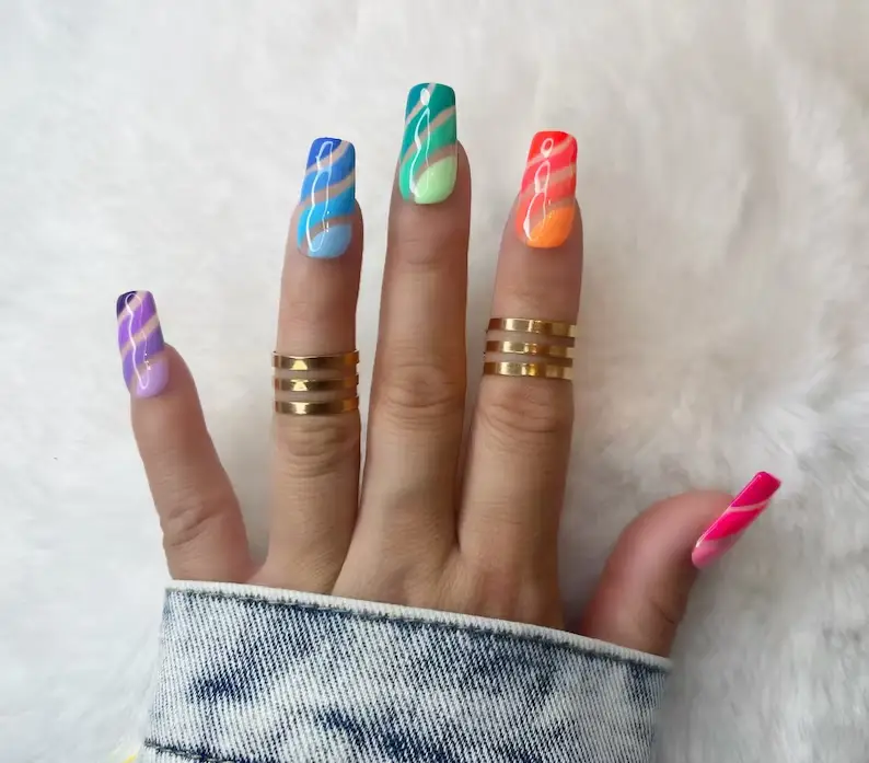 Multi-color Valentines Nails Short