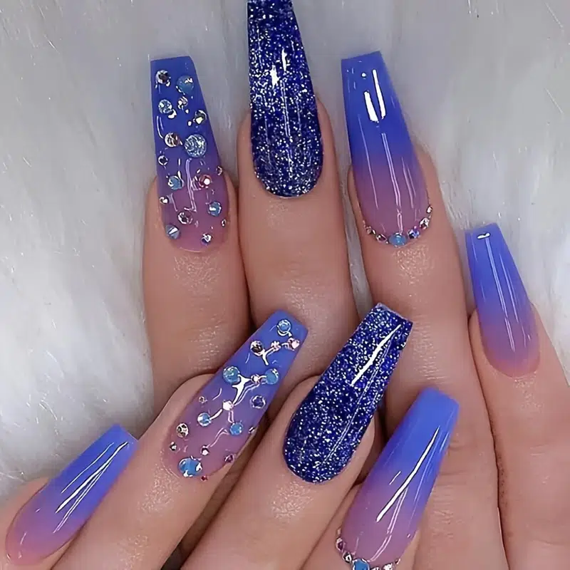 Ombre Blue Pink with rhinestones Long Valentines nails ideas