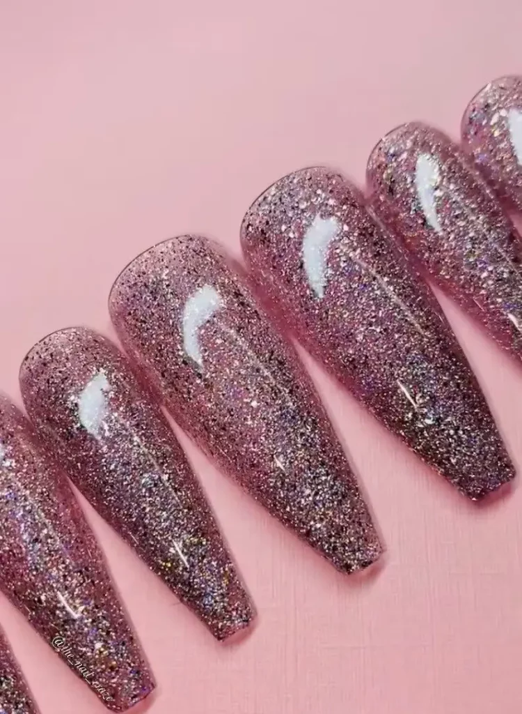 Pink Glitter Gel Coffin Nails