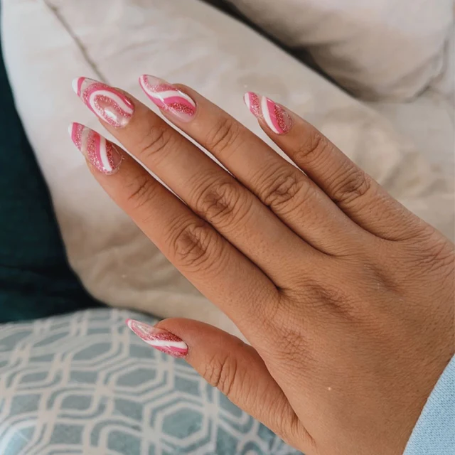 Pink Swirl Glossy Glitter Short Valentines Nails