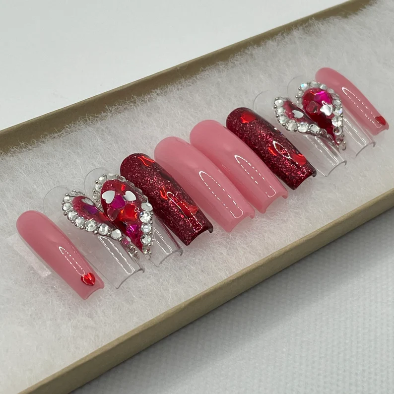 Pink and Red Heart with Rhinestones Glitter Valentines Day Nails