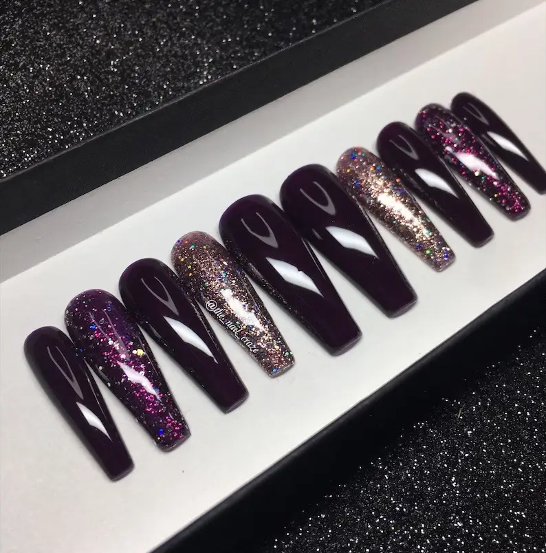 Purple Marble Long Silver Glitter Valentines Nail Art