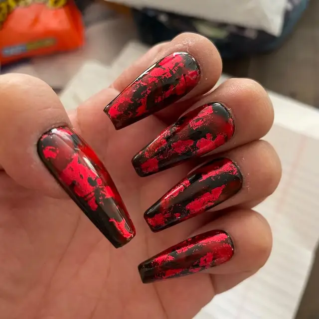 Red and Black Valentines Marble Foil Nails