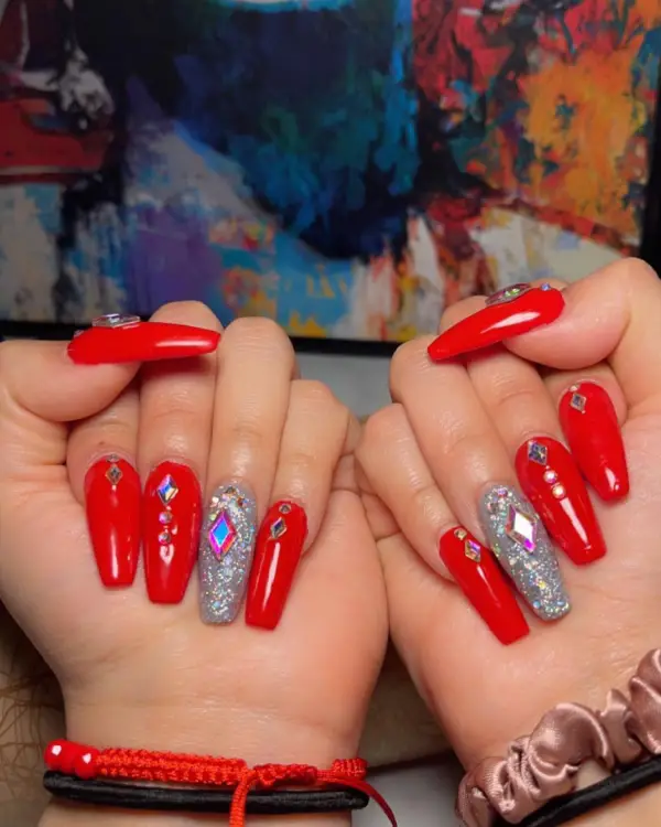 Red and Silver Crystal Nails Valentines Day