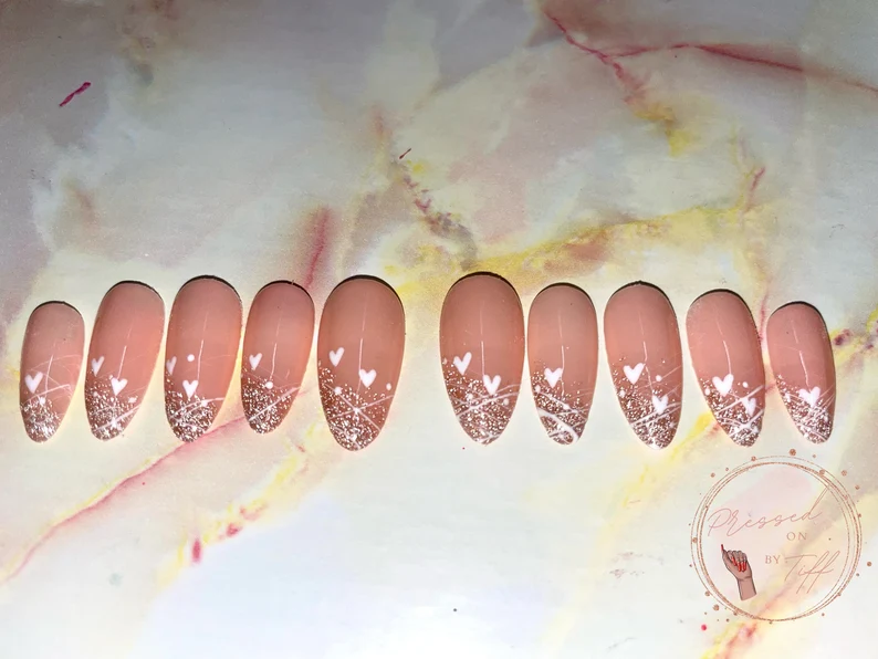 Rose Gold Press On Valentines Nails Design Ideas with Tiny White Heart design 