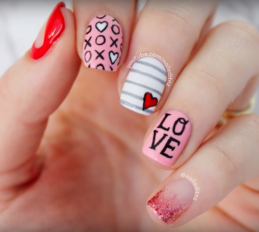 Short cute Valentines Nails Ideas heart and love pink and white