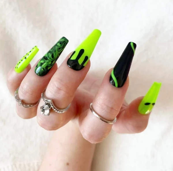 Bright Green and Black Colored Gel Nails