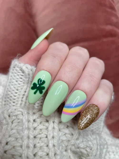 Simple St Patrick's Day clover and rainbow green and gold Nails