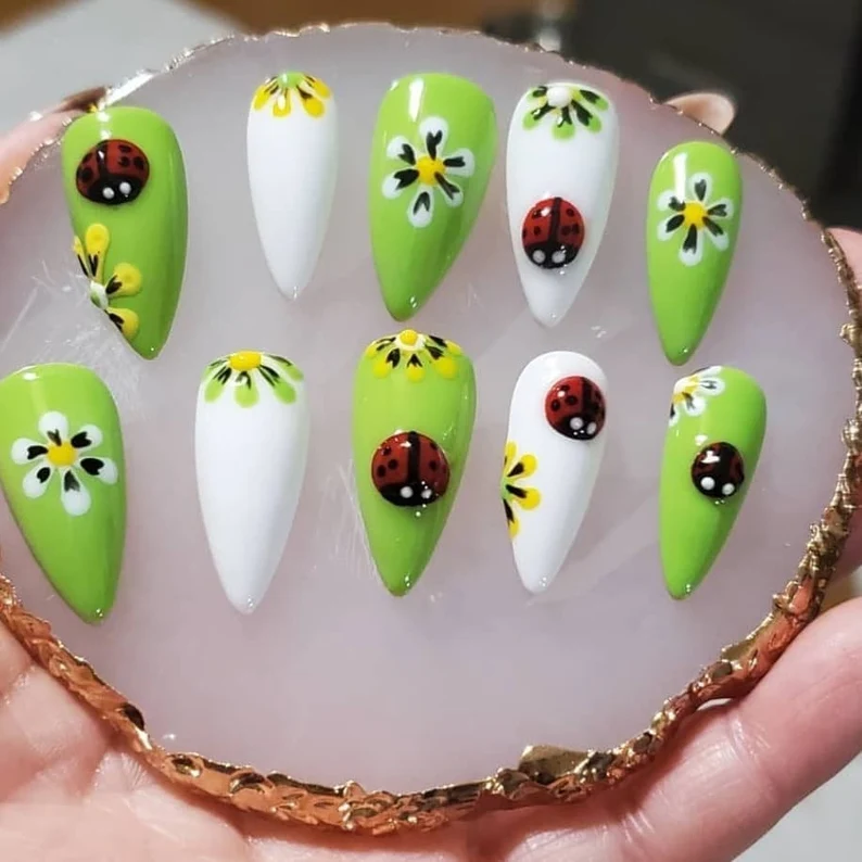 Colorful Springtime Daisy and Ladybug Exotic Nails