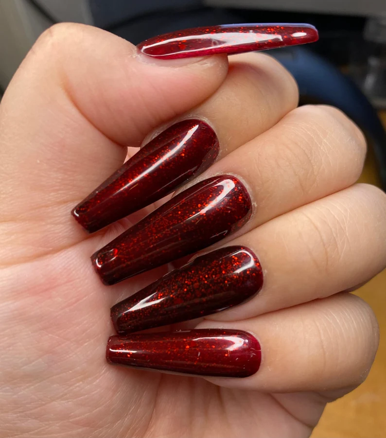 Ruby red glitz glitter nails-styled Exotic Nails