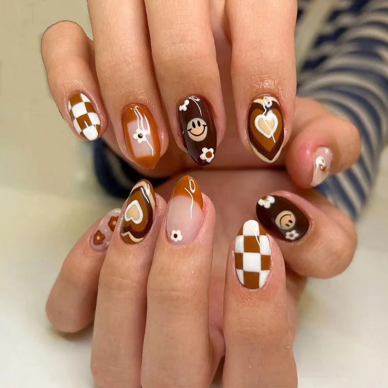 Warm Brown Checker Smiley Face Exotic Nails