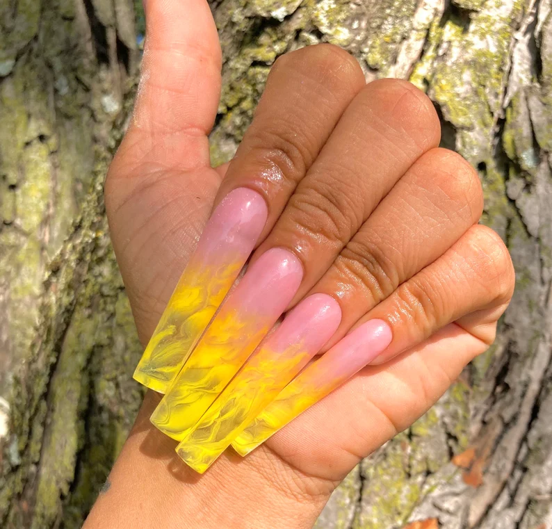 Yellow Summer Marble Ombre Press On Exotic Nails