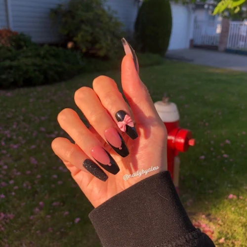 Black and Pink Bow Long French Tip Nails