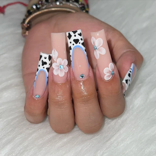 Black and White cow Printed Long French Tip Nails