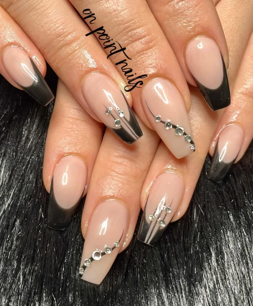 Black long French tip nails with rhinestones design