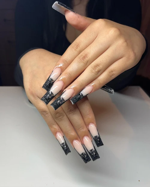 Black long french tips with design full black nails