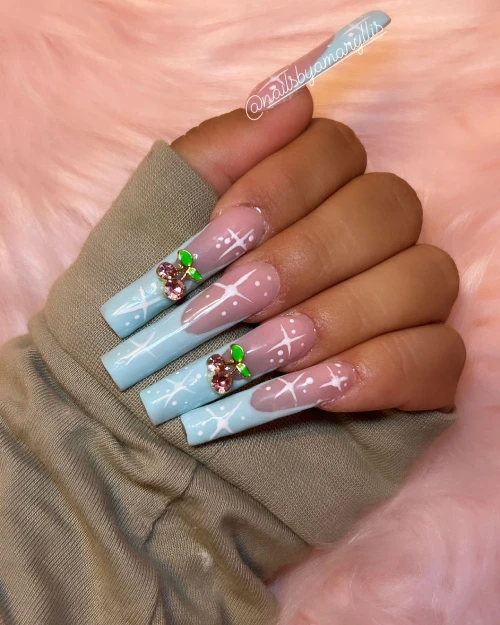 Blue Cherry Long French Tip Nails