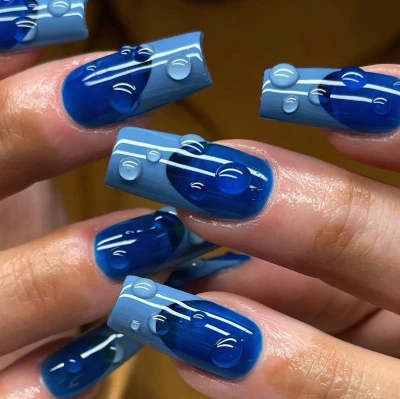 Blue Cute Long French Tip Nails 1
