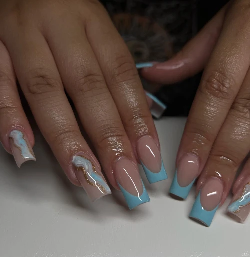 Blue Cute Long French Tip Nails