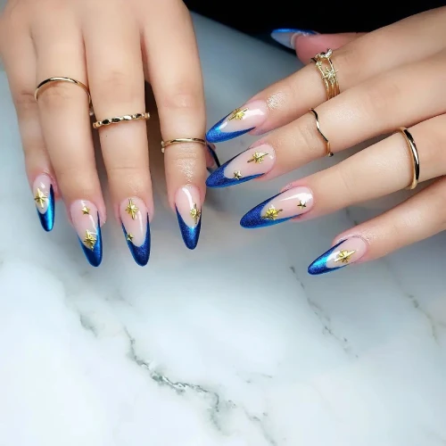 Blue Oval Long French Tip Nails