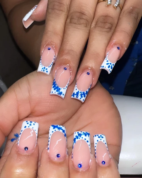 Blue and white Square Long French Tip Nails